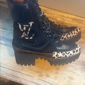 Louis Vuitton Black and Leopard Combat Boots